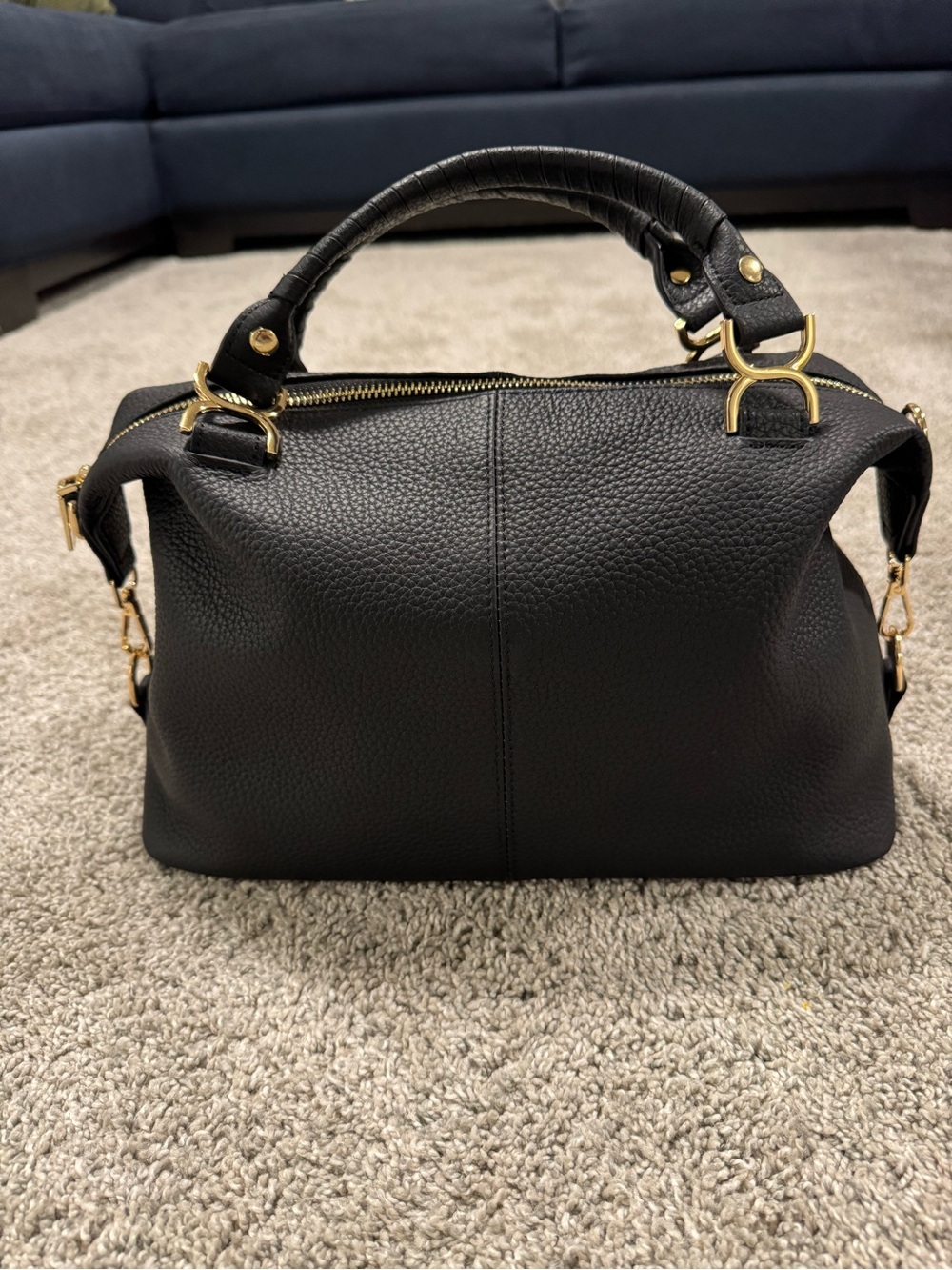 BOSTANTEN Pebbled Leather Boston Handbag Black Gold Hardware NWOT